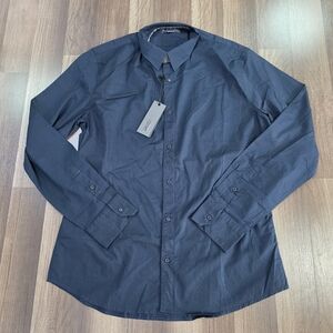 NWT Gaudi Italian Stretch Cotton Navy Button Up Shirt Old Money Euro Style. XXL